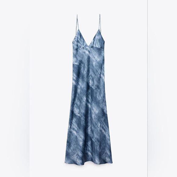 Zara PRINTED DENIM SATIN EFFECT SLIP DRESS - Picture 6 of 11